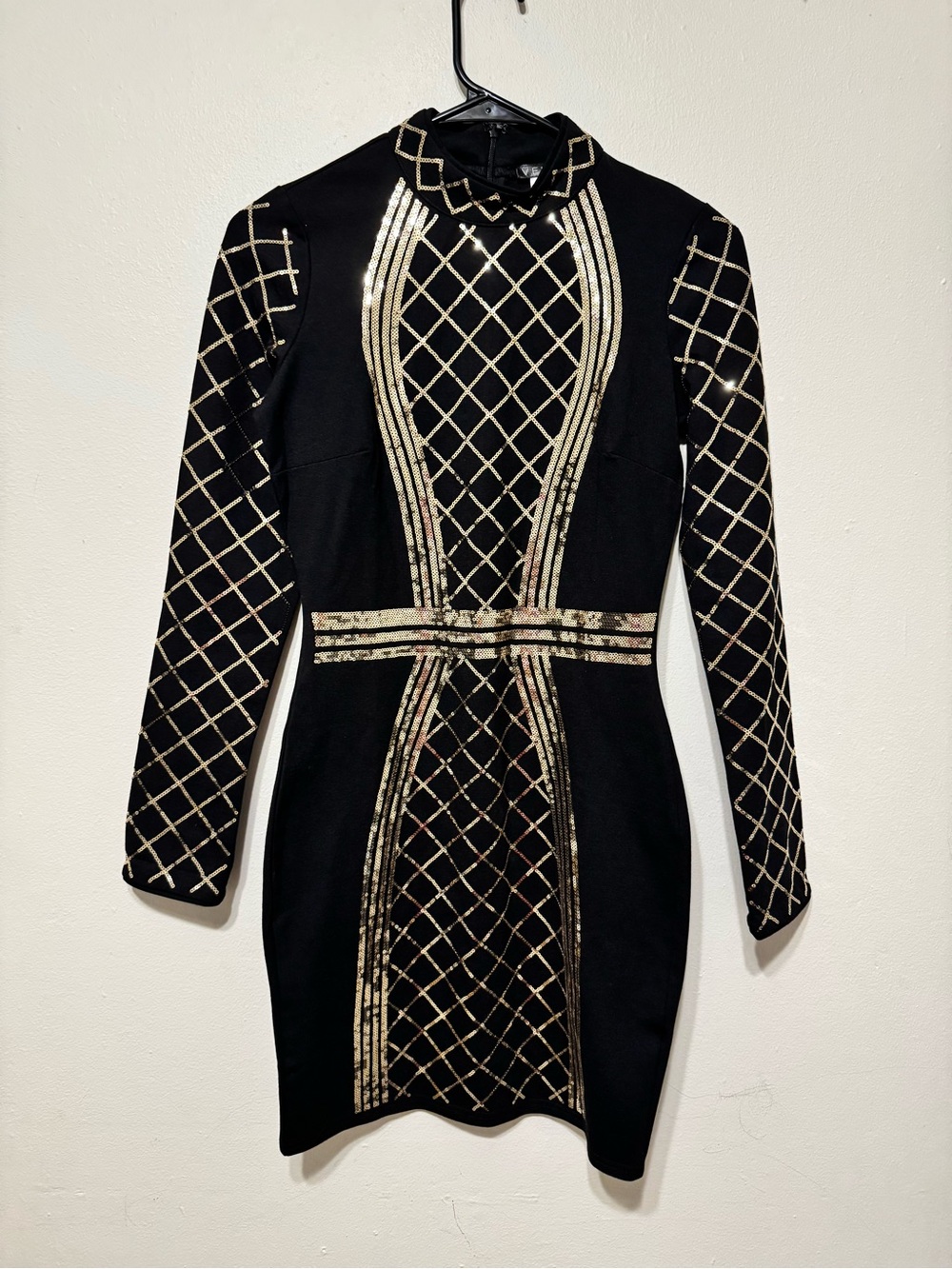 VENUS Black Long Sleeve Bodycon Dress with Gold Lattice